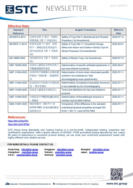 In July 2022, the Standardization Administration of the People's Republic of China (中国国家标准化管理委员会), or SAC, had announced the revisions of 3 mandatory national standards (强制性国家标准修改单) and released 6 recommended national standards (推荐性国家标准) related to toys a