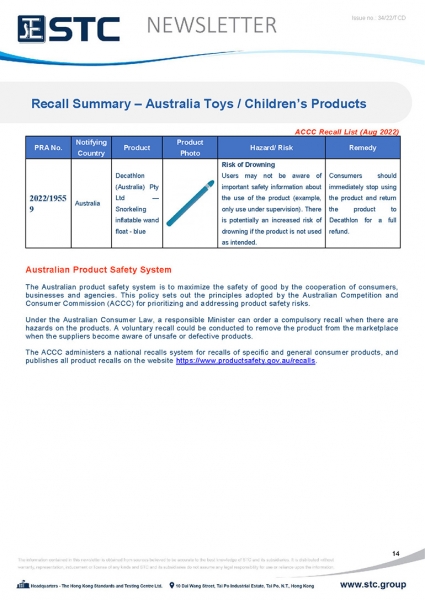 STC, Toy Recall Summary Aug 2022 Toys in Europe, the US, Australia, Safety Gate: the EU rapid alert system for dangerous non-food products, CPSC, Australian Product Safety System.